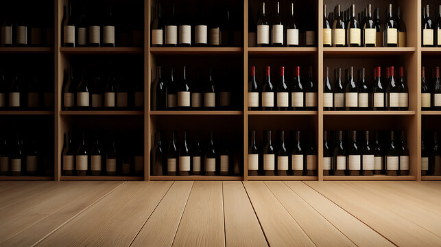 A wine cellar interior presents neatly arranged bottles on wooden shelves, creating a sophisticated ambiance. Ideal for wine enthusiasts and collectors.