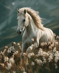 Obraz premium Beautiful stallion galloping mountain meadow high resolution image