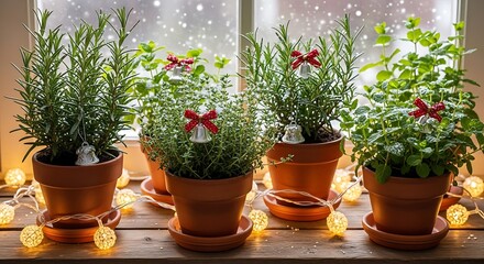 Christmas herbs indoor garden rosemary thyme mint winter decor holiday plants windowsill lights festive pots