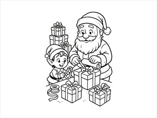  Cute elf helping Santa wrap Christmas presents