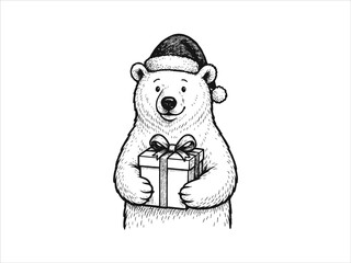 Polar bear wearing Santa hat holding gift box