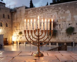 Beautiful Hanukkah menorah with glowing candles placed near the Western Wall in Jerusalem, symbolizing faith and light.