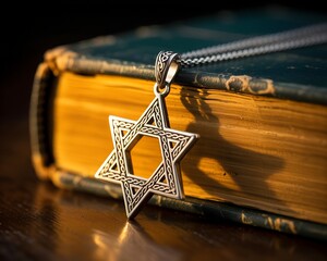 A detailed Star of David pendant resting on an old book, reflecting Jewish wisdom and heritage.