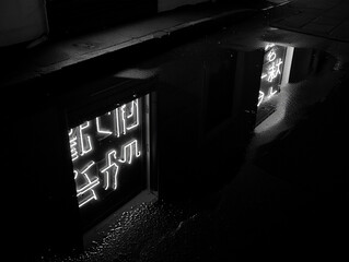 Neon sign reflected in wet street at night reflection