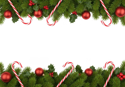 Festive christmas border composed of green fir branches, red holly berries, and classic red and white candy canes, isolated on transparent background