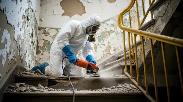 Hazmat worker grinding stairs in dilapidated building, dust flying, showing demolition or renovation, 4k high quality