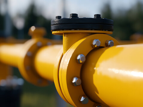 Close-up shot capturing the vibrant yellow pipe with a black valve, revealing a sturdy and well-secured build. This image emphasizes industrial strength. Pipeline connection details.