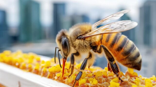 Close-up of a buzzing bee collecting pollen on a honeycomb with a city skyline in the background on a sunny day
