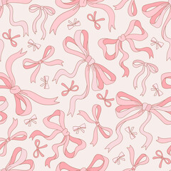 Retro Romantic Coquette Soft Pink Bow Seamless Pattern, Girlish Valentine Day Background for Textile and Wrapping Paper