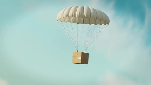 Cardboard box suspended by a beige parachute against a blue sky delivery package