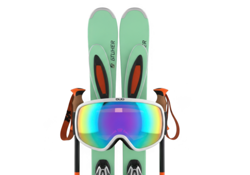 Pair of skis and goggles on a transparent background, ready for winter sports