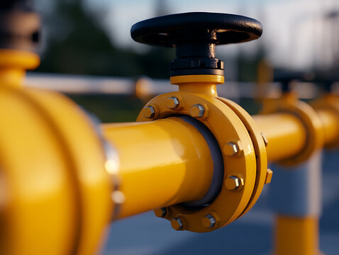 A vivid, close-up view showcases a yellow industrial pipeline with a black control valve. The focus is on the robust machinery and its function in infrastructure systems.
