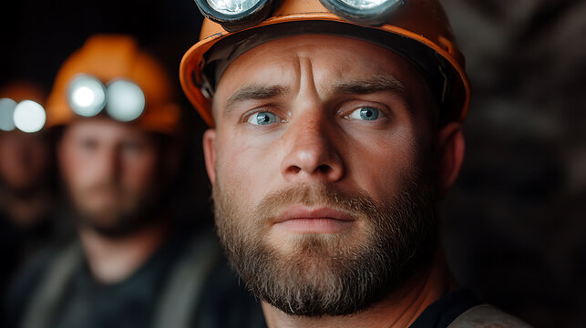 Intense close-up of a miner wearing a helmet with lights, showcasing determination and the challenges of working underground. A glimpse into the world of hard labor.