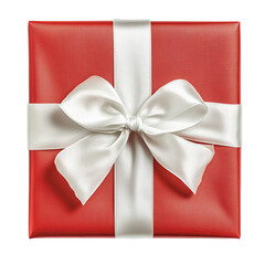 Red gift box with white satin ribbon, top view