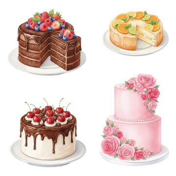 Four cakes vector collection, various appetizing desserts: chocolate berry, citrus, cherry drip, pink floral wedding cake