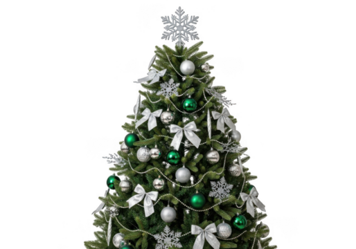 A beautifully decorated christmas tree with green ornaments, silver bows, and snowflake ornaments, topped with a large snowflake, isolated on transparent background