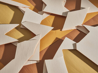 Scattered geometric paper shapes in warm earth tones