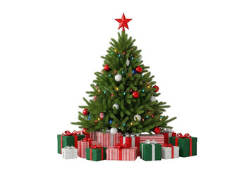 A beautifully decorated christmas tree with red and green presents underneath, isolated on transparent background