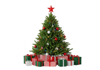 A beautifully decorated christmas tree with red and green presents underneath, isolated on transparent background