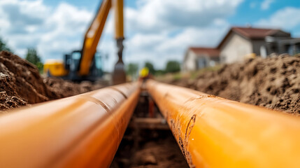 Construction site with orange pipes, heavy machinery, and earthworks, set against a bright blue sky. Focus on the pipeline installation. Infrastructure work.