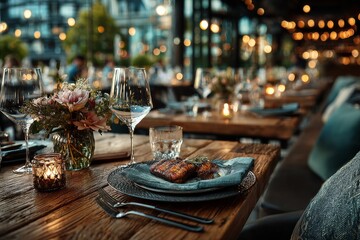 modern luxury restaurant interior with wood and marble details. Generative AI