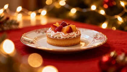 Elegant New Year’s dessert served on festive plate, glowing fairy lights in background, cozy bokeh effect