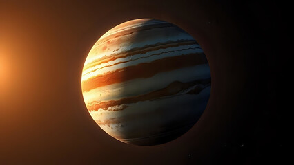 A vibrant illustration of a giant gas planet resembling Jupiter with intense orange and white storms in space.