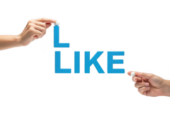 Hands forming the word like with blue letters and small white balls, isolated on transparent background