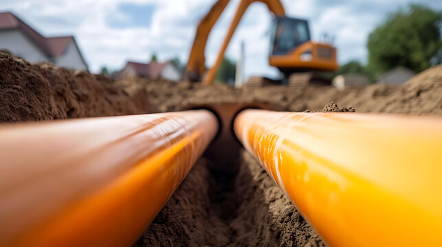 Laying the groundwork for future infrastructure. Construction work in progress with orange pipes buried in the soil and construction equipment in the background. - Powered by Adobe