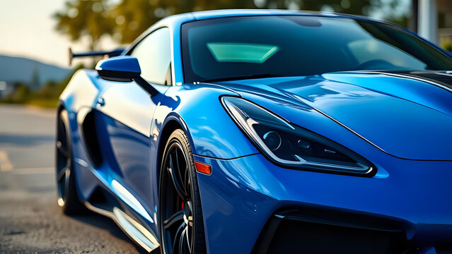 A vibrant close-up of the front end and headlamp of a sleek blue and black sports car.