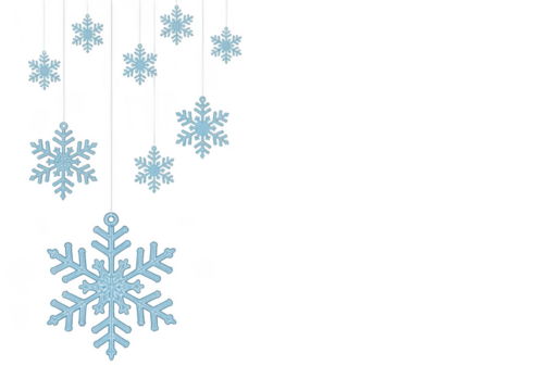 Light blue glitter snowflakes hanging and isolated on transparent background