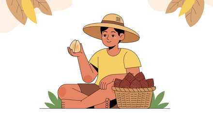 A Person Holding Tropical Fruit With a Hat and a Basket Filled With More
