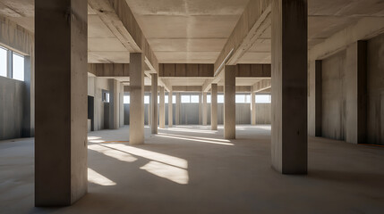 A spacious interior of an unfinished concrete building with sunlight casting shadows, showing the raw structure and potential for future development. Interior Space and raw materials