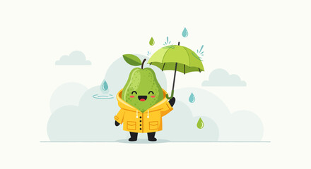 A Cheerful Pear Character Enjoying The Gentle Rain Underneath An Umbrella