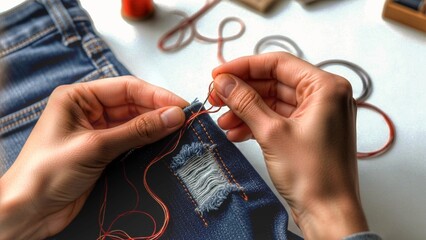 Hands Mending Blue Denim Jeans with Needle and Red Thread