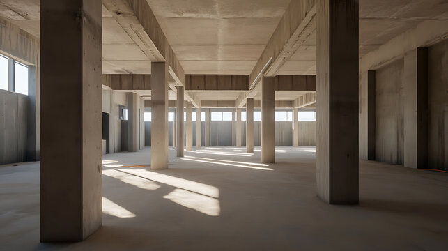 A spacious interior of an unfinished concrete building with sunlight casting shadows, showing the raw structure and potential for future development. Interior Space and raw materials