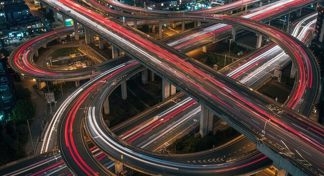 Aerial View of Highway Overpass at Night light trails traffic city urban transportation infrastructure road long exposure motion blur