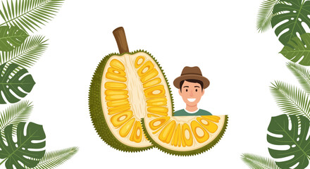 A Person Presents A Freshly Cut Jackfruit With Palm Tree Leafs Illustration