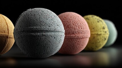 Colorful bath bombs product mockup on glossy surface spa wellness self-care aromatherapy display