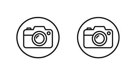 Two simple line art icons depicting vintage cameras in circular frames