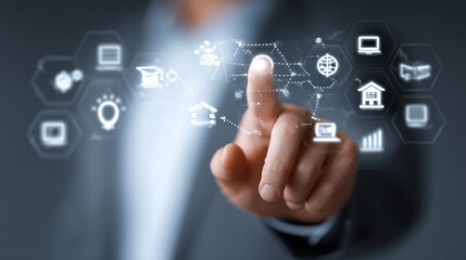 Professional touching virtual screen education icons learning development digital technology interface