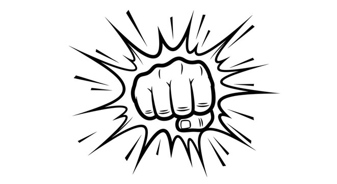 A powerful black and white illustration of a clenched fist impact