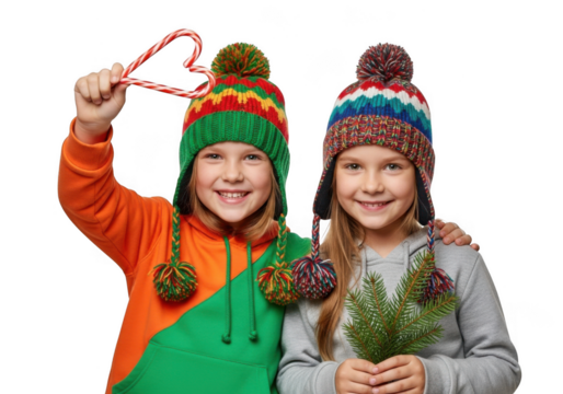 Two happy children wearing colorful winter hats and sweaters, holding a candy cane heart and a small pine tree, isolated on transparent background