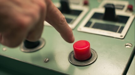 Red button technology trigger machine hand finger control activation decision macro close-up