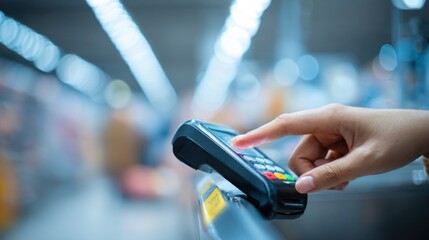 Female fingers tapping buttons keypad grocery checkout payment transaction close-up macro