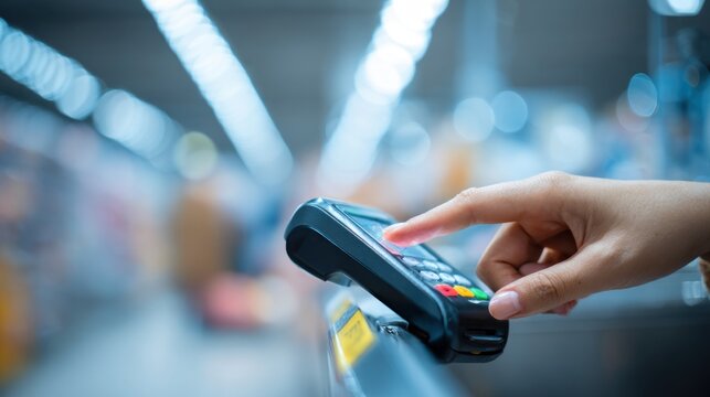Female fingers tapping buttons keypad grocery checkout payment transaction close-up macro
