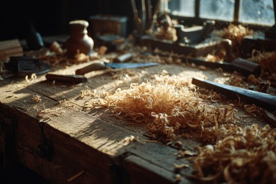 Wood shavings scattered worn workbench close-up carpentry craftsmanship tool marks rustic