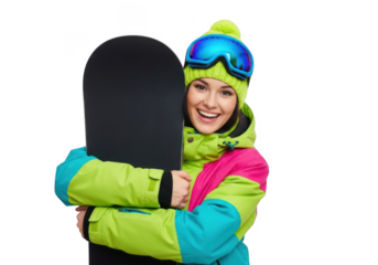 Woman in winter clothing and goggles, holding a snowboard, smiling, isolated on transparent background