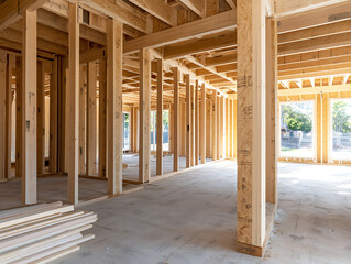 Wood framing of a home under construction. The wood studs stand tall on a concrete slab, creating a skeletal structure ready to be enclosed, full of promise.