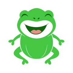 A cheerful cartoon green frog with a wide open mouth and closed eyes isolated on white background